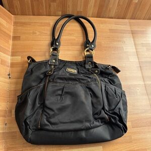 Storksak al Olivia diaper bag,black satin nylon,faux leather trim,gold-tone